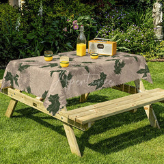 Aperturee - Aperturee Modern Floral Rectangle Tablecloth Tan with Grey and Green Botanicals Minimalist Neutral Kitchen Decor