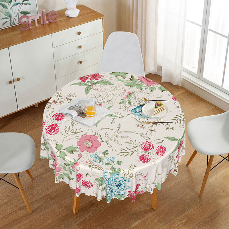 Aperturee - Aperturee Modern Floral Round Tablecloth in Pink and Blue for Spring Baby Shower and Garden Party Decorations