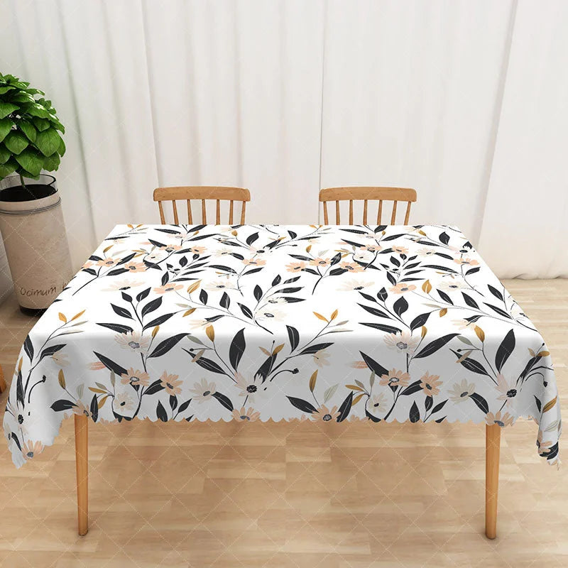 Aperturee - Aperturee Modern Floral Tablecloth with Black and White Botanical Print for Minimalist and Elegant Dining Decor