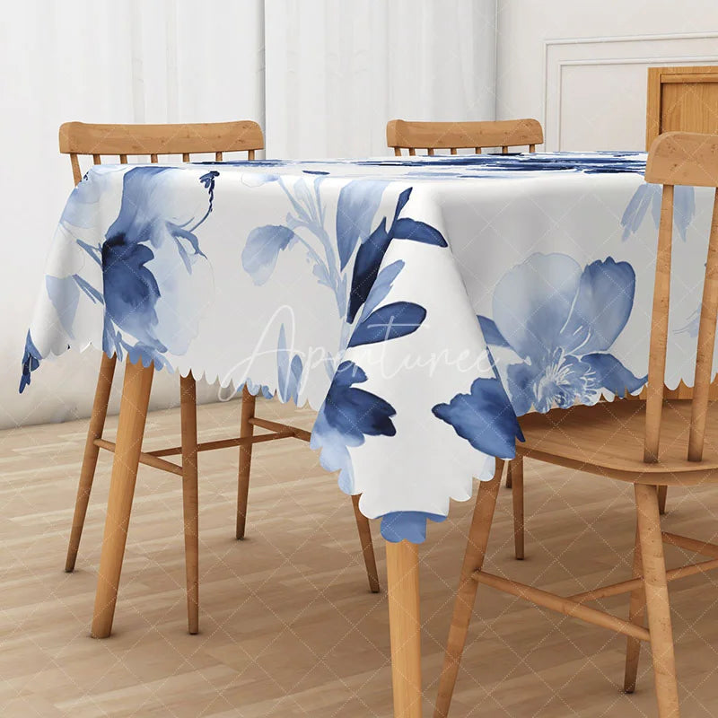 Aperturee - Aperturee Modern Floral Tablecloth with White and Violet Flowers for Spring Wedding or Elegant Dining Room Decor