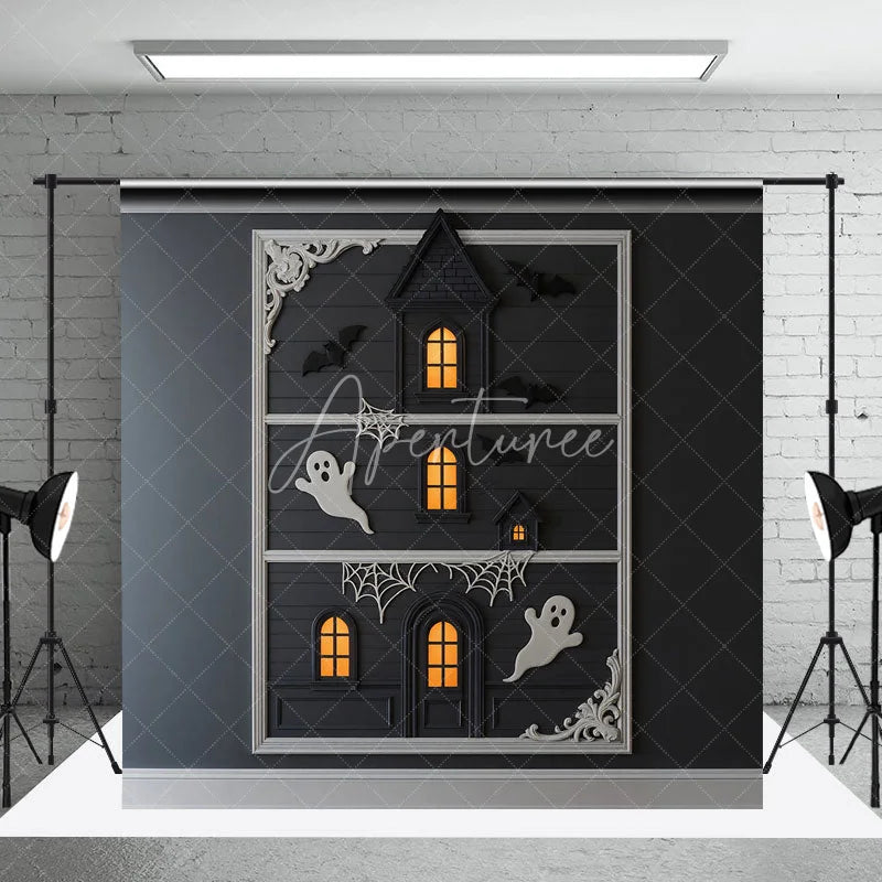 Aperturee - Aperturee Modern Framed Haunted House Photography Backdrop Minimalist Ghost and Bat Decor Spooky Chic Wall Art Background
