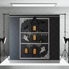 Aperturee - Aperturee Modern Framed Haunted House Photography Backdrop Minimalist Ghost and Bat Decor Spooky Chic Wall Art Background