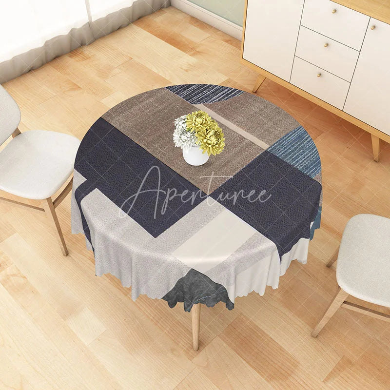 Aperturee - Aperturee Modern Geometric Patchwork Round Tablecloth in Brown and Gray for Neutral and Contemporary Decor