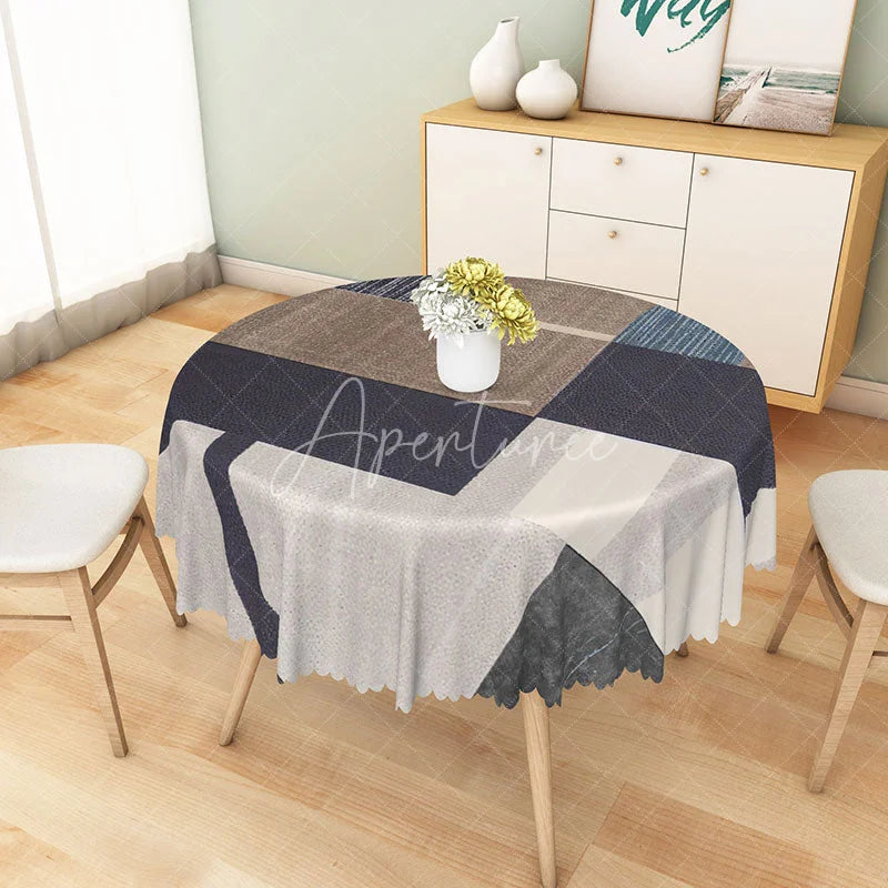 Aperturee - Aperturee Modern Geometric Patchwork Round Tablecloth in Brown and Gray for Neutral and Contemporary Decor