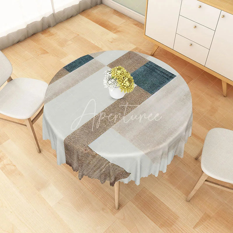 Aperturee - Aperturee Modern Geometric Patchwork Round Tablecloth in Grey Brown and Blue for Contemporary Abstract Decor