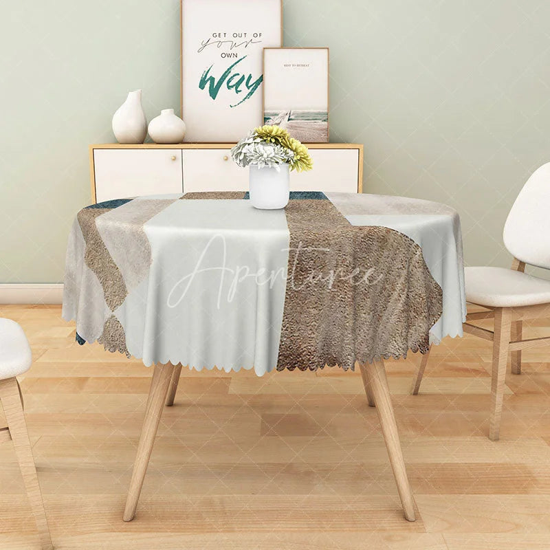 Aperturee - Aperturee Modern Geometric Patchwork Round Tablecloth in Grey Brown and Blue for Contemporary Abstract Decor