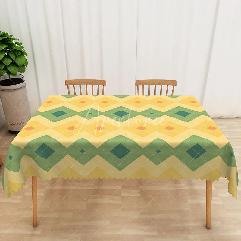 Aperturee - Aperturee Modern Geometric Tablecloth in Yellow and Green for Contemporary Kitchen and Mid-Century Style Decor
