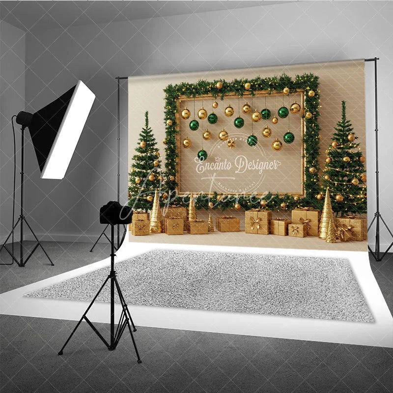 Aperturee - Aperturee Modern Gold and Green Christmas Photography Backdrop Garland Frame with Ornaments Elegant Holiday Photo Booth