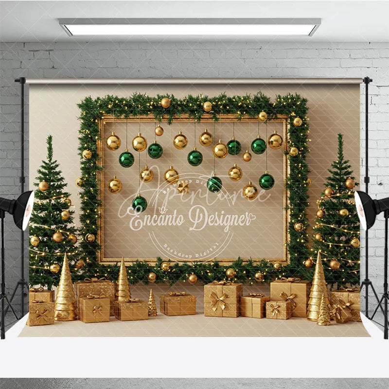 Aperturee - Aperturee Modern Gold and Green Christmas Photography Backdrop Garland Frame with Ornaments Elegant Holiday Photo Booth