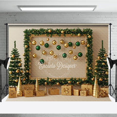 Aperturee - Aperturee Modern Gold and Green Christmas Photography Backdrop Garland Frame with Ornaments Elegant Holiday Photo Booth
