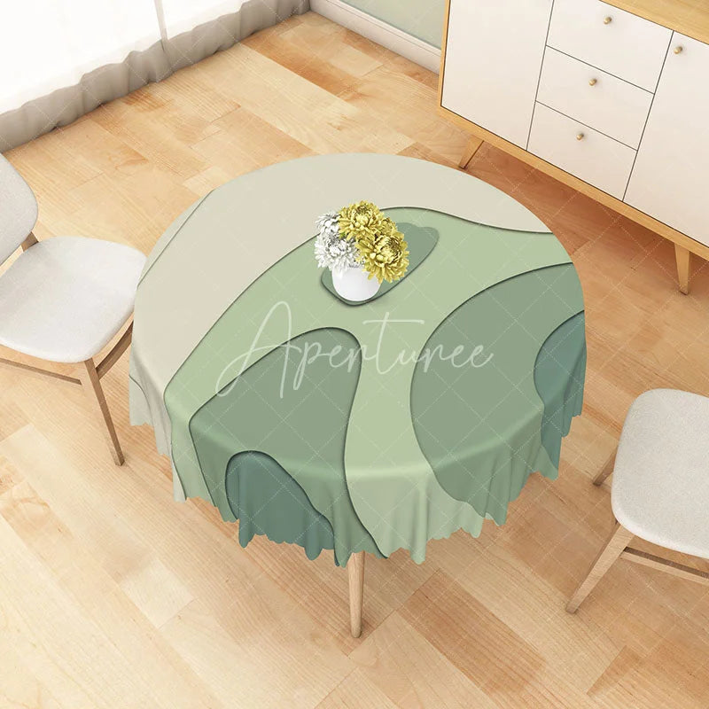 Aperturee - Aperturee Modern Green and Beige Stripe Round Tablecloth for Neutral and Earth Tone Kitchen Dining Decor