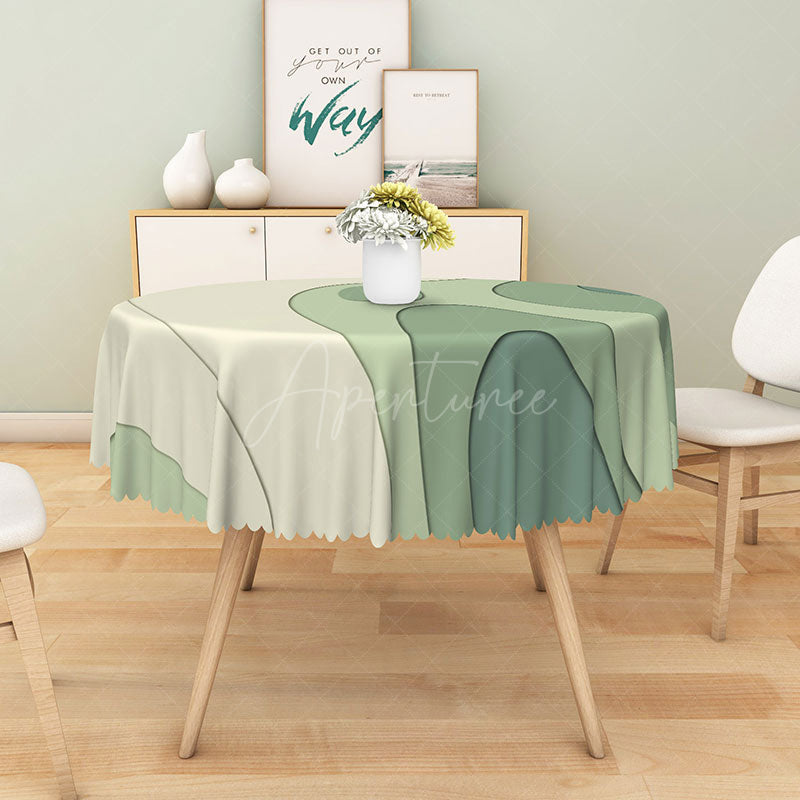 Aperturee - Aperturee Modern Green and Beige Stripe Round Tablecloth for Neutral and Earth Tone Kitchen Dining Decor