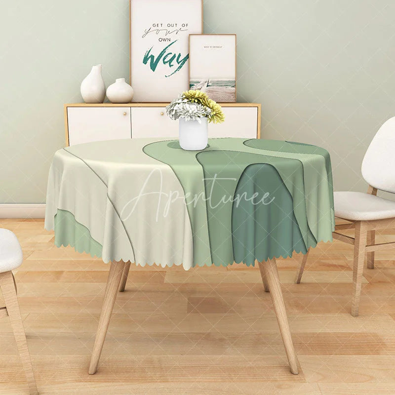 Aperturee - Aperturee Modern Green and Beige Stripe Round Tablecloth for Neutral and Earth Tone Kitchen Dining Decor