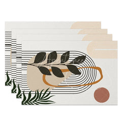 Aperturee - Aperturee Modern Green Leaf and Brown Circle Set of 4 Placemats for Mid-Century Geometric and Botanical Decor