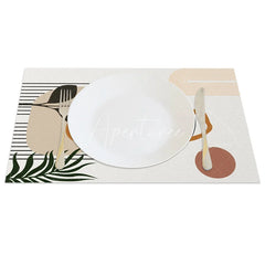 Aperturee - Aperturee Modern Green Leaf and Brown Circle Set of 4 Placemats for Mid-Century Geometric and Botanical Decor