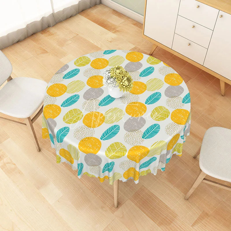 Aperturee - Aperturee Modern Green Leaf and Orange Dot Round Tablecloth for Fun and Contemporary Spring and Summer Decor