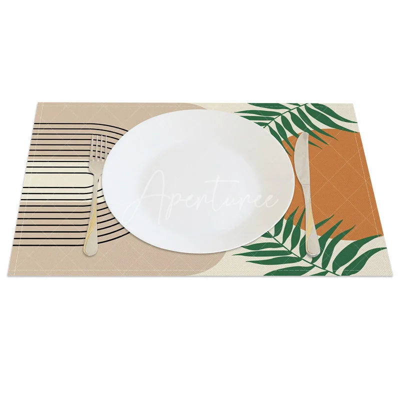 Aperturee - Aperturee Modern Green Leaf Stripe Geometric Set of 4 Placemats for Botanical and Contemporary Kitchen Decor