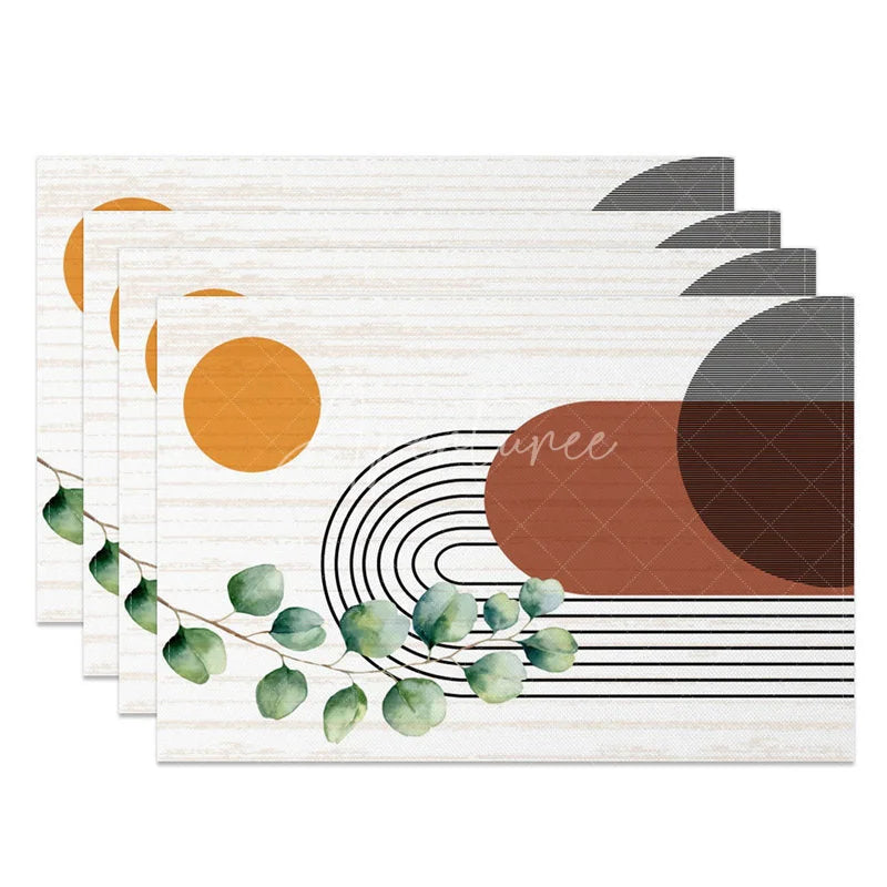 Aperturee - Aperturee Modern Green Leaf Stripe Geometric Set of 4 Placemats for Contemporary Botanical Kitchen Table Decor