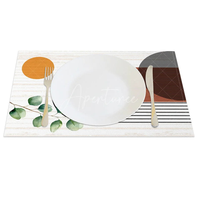 Aperturee - Aperturee Modern Green Leaf Stripe Geometric Set of 4 Placemats for Contemporary Botanical Kitchen Table Decor