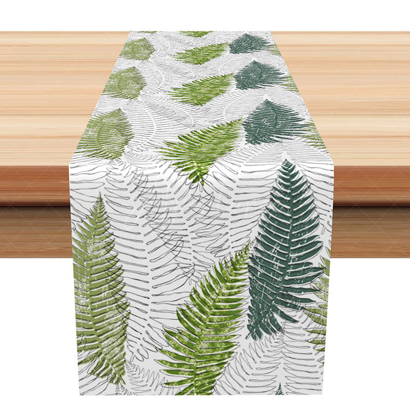 Aperturee - Aperturee Modern Green Leaf Table Runner with Abstract Lines Minimalist Botanical Design Fresh and Chic Kitchen Decor