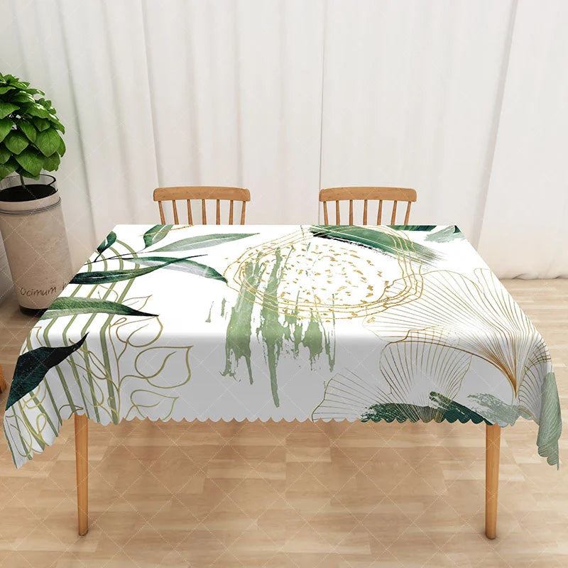 Aperturee - Aperturee Modern Green Leaf Tablecloth on White for Minimalist Botanical and Scandinavian Style Kitchen Decor