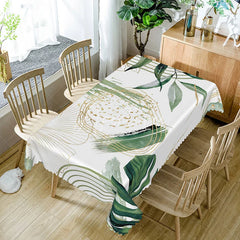 Aperturee - Aperturee Modern Green Leaf Tablecloth on White for Minimalist Botanical and Scandinavian Style Kitchen Decor