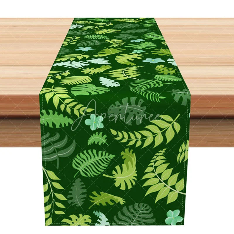 Aperturee - Aperturee Modern Green Tropical Leaf Table Runner Botanical Print for Summer Kitchen and Outdoor Dining Decor