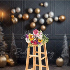 Aperturee - Aperturee Modern Grey and Gold Christmas Photography Backdrop Floating Ornaments with Flocked Trees Elegant Holiday Decor