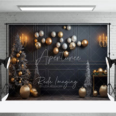 Aperturee - Aperturee Modern Grey and Gold Christmas Photography Backdrop Floating Ornaments with Flocked Trees Elegant Holiday Decor