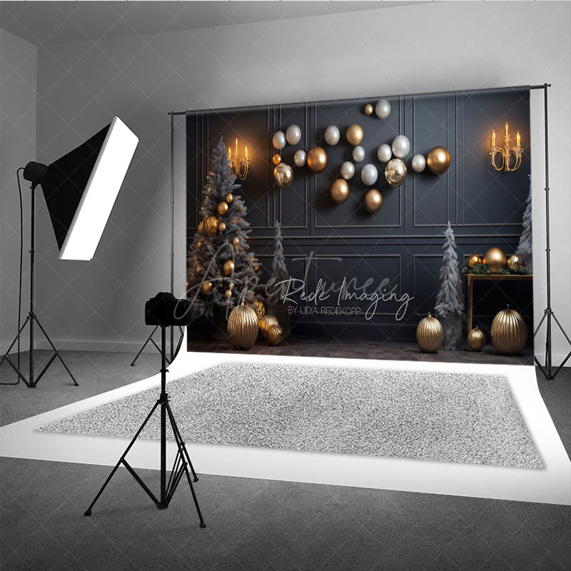 Aperturee - Aperturee Modern Grey and Gold Christmas Photography Backdrop Floating Ornaments with Flocked Trees Elegant Holiday Decor