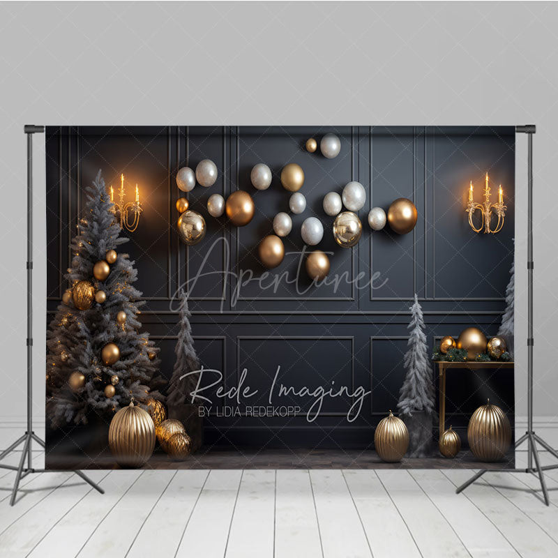 Aperturee - Aperturee Modern Grey and Gold Christmas Photography Backdrop Floating Ornaments with Flocked Trees Elegant Holiday Decor