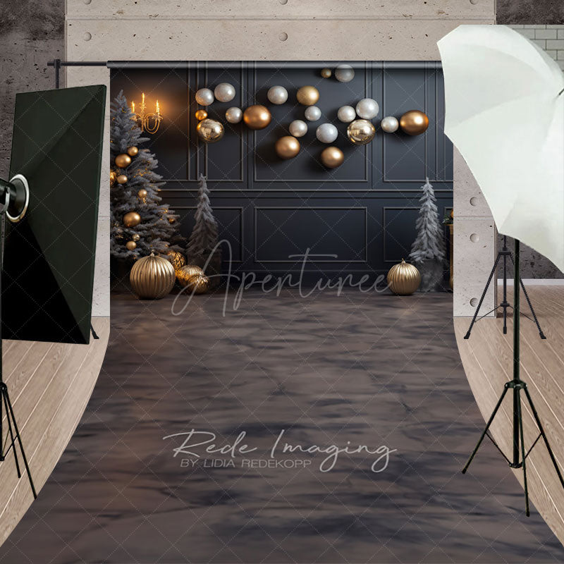 Aperturee - Aperturee Modern Grey and Gold Christmas Sweep Backdrop Floating Ornaments with Marble Floor Elegant Holiday Decor
