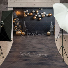 Aperturee - Aperturee Modern Grey and Gold Christmas Sweep Backdrop Floating Ornaments with Marble Floor Elegant Holiday Decor