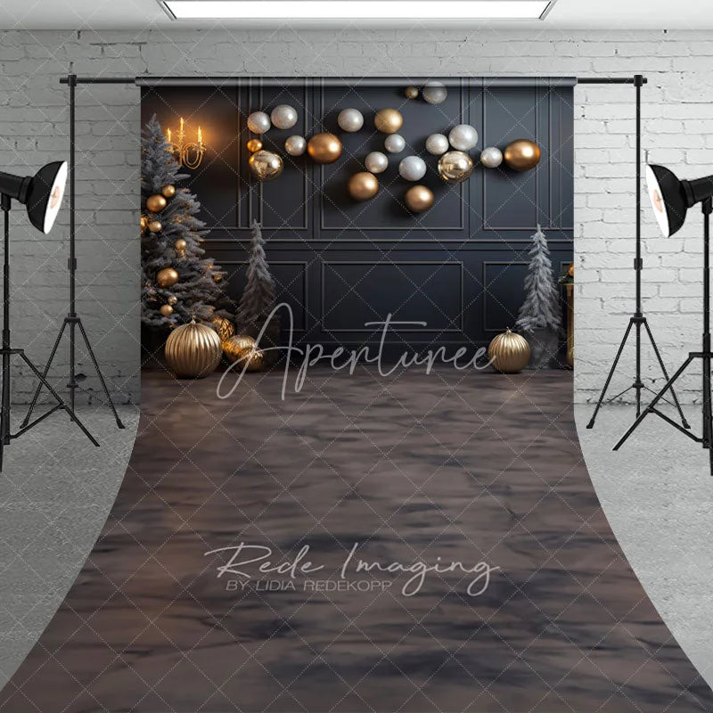 Aperturee - Aperturee Modern Grey and Gold Christmas Sweep Backdrop Floating Ornaments with Marble Floor Elegant Holiday Decor