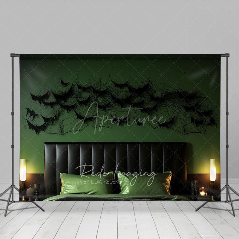 Aperturee Aperturee Modern Halloween Headboard Photography Backdrop Green Wall with Black Bats and Spiderwebs Spooky Bedroom Decor