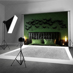 Aperturee Aperturee Modern Halloween Headboard Photography Backdrop Green Wall with Black Bats and Spiderwebs Spooky Bedroom Decor