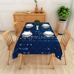 Aperturee - Aperturee Modern Navy Blue Geometric Squares and Dots Rectangle Tablecloth Scalloped Edge for Dining and Party Decor