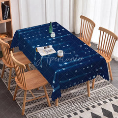 Aperturee - Aperturee Modern Navy Blue Geometric Squares and Dots Rectangle Tablecloth Scalloped Edge for Dining and Party Decor