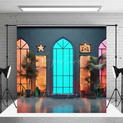 Aperturee Aperturee Modern Neon Lights Window Photography Backdrop Colorful Glowing City Room 80s Themed Party or Event Photo Prop