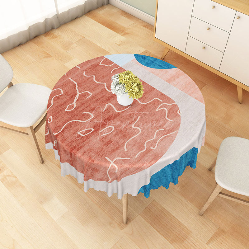 Aperturee - Aperturee Modern Patchwork Round Tablecloth in Red Blue and Gray for Abstract and Contemporary Decor