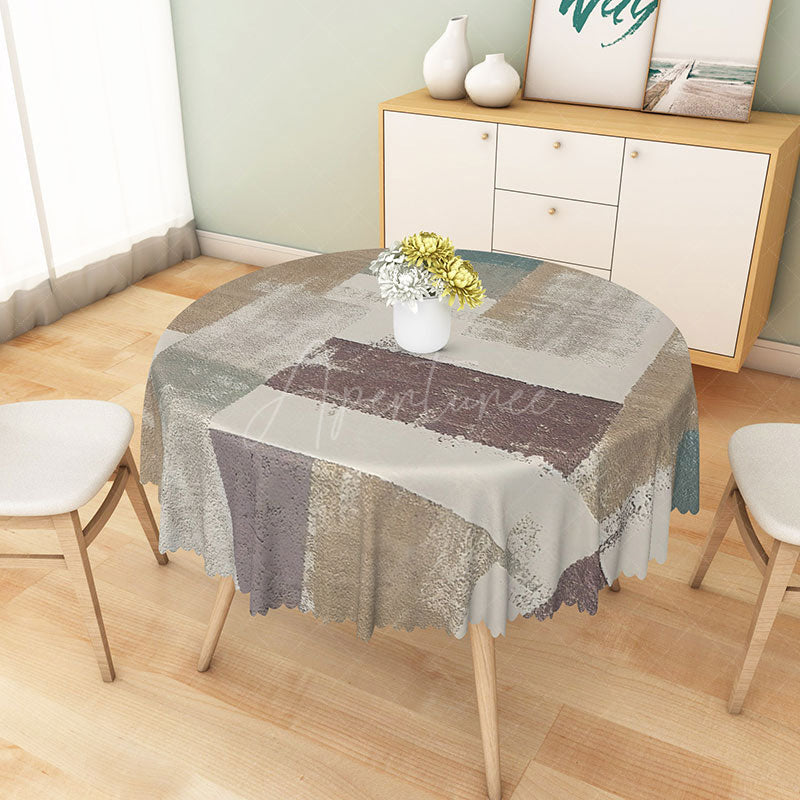 Aperturee - Aperturee Modern Patchwork Round Tablecloth in White Brown and Gray for Neutral and Farmhouse Decor
