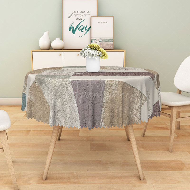 Aperturee - Aperturee Modern Patchwork Round Tablecloth in White Brown and Gray for Neutral and Farmhouse Decor