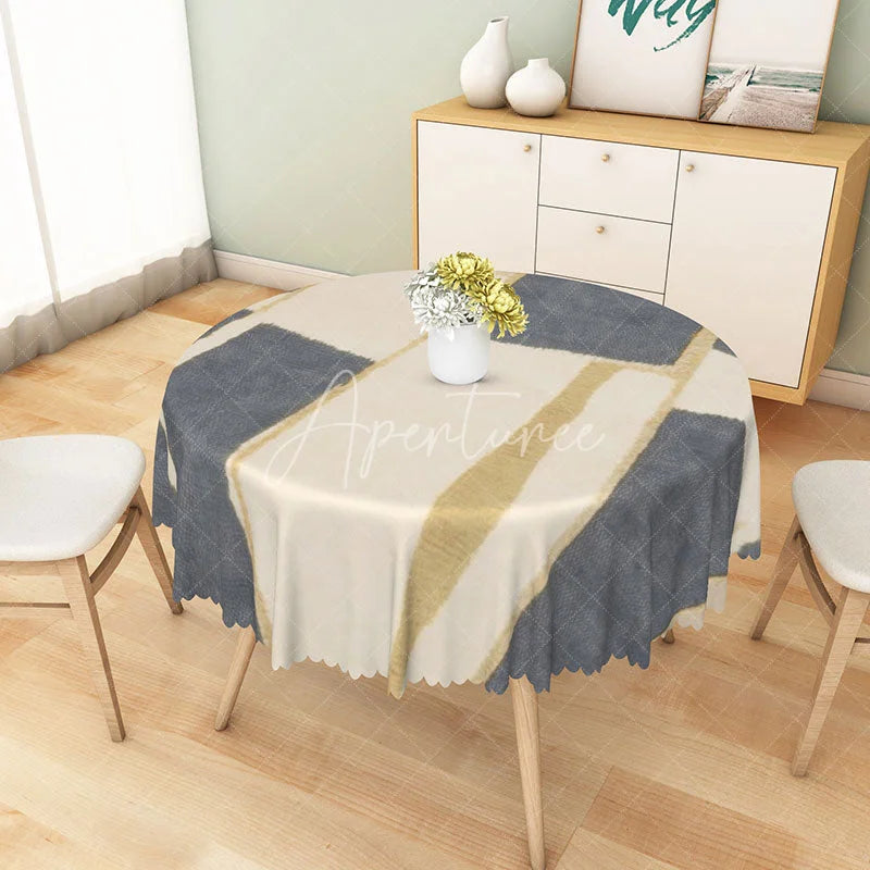 Aperturee - Aperturee Modern Patchwork Round Tablecloth in White Gray and Yellow for Contemporary Kitchen Decor