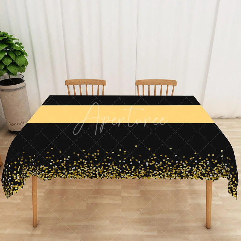 Aperturee - Aperturee Modern Polka Dot Tablecloth in Black Yellow and Gold for Birthday New Year’s or Graduation Party