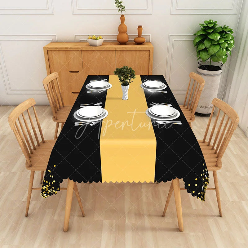 Aperturee - Aperturee Modern Polka Dot Tablecloth in Black Yellow and Gold for Birthday New Year’s or Graduation Party