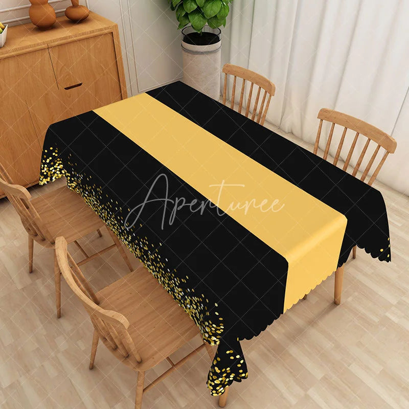 Aperturee - Aperturee Modern Polka Dot Tablecloth in Black Yellow and Gold for Birthday New Year’s or Graduation Party