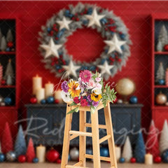 Aperturee - Aperturee Modern Red and Blue Backdrop White Star Wreath Shelves Cabinet Christmas Decor Photo Background