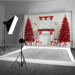 Aperturee - Aperturee Modern Red Christmas Photography Backdrop All Red Trees with White Fireplace Bold Holiday Photo Background