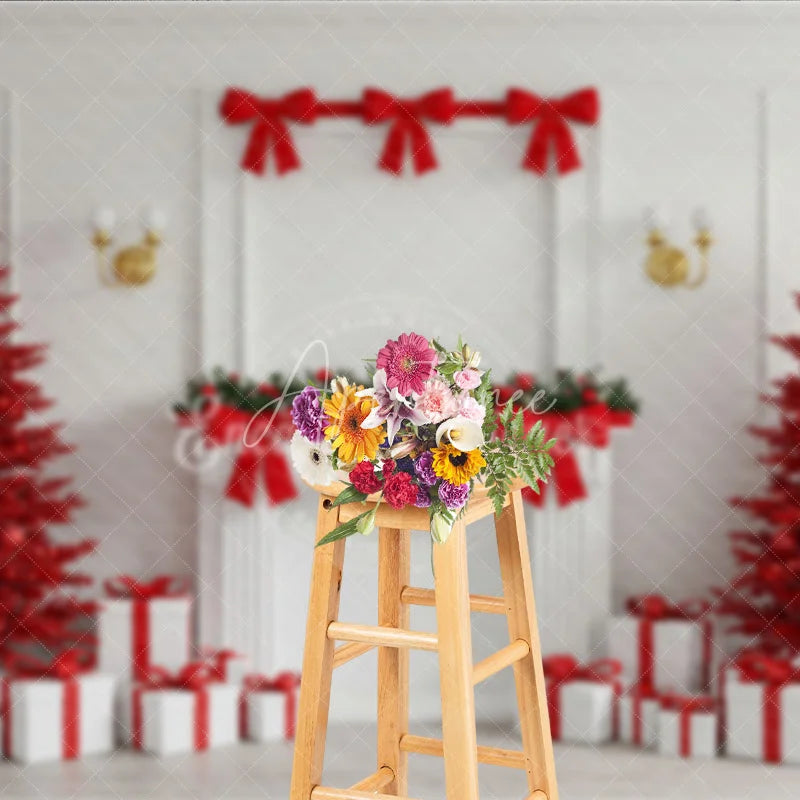 Aperturee - Aperturee Modern Red Christmas Photography Backdrop All Red Trees with White Fireplace Bold Holiday Photo Background
