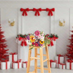 Aperturee - Aperturee Modern Red Christmas Photography Backdrop All Red Trees with White Fireplace Bold Holiday Photo Background
